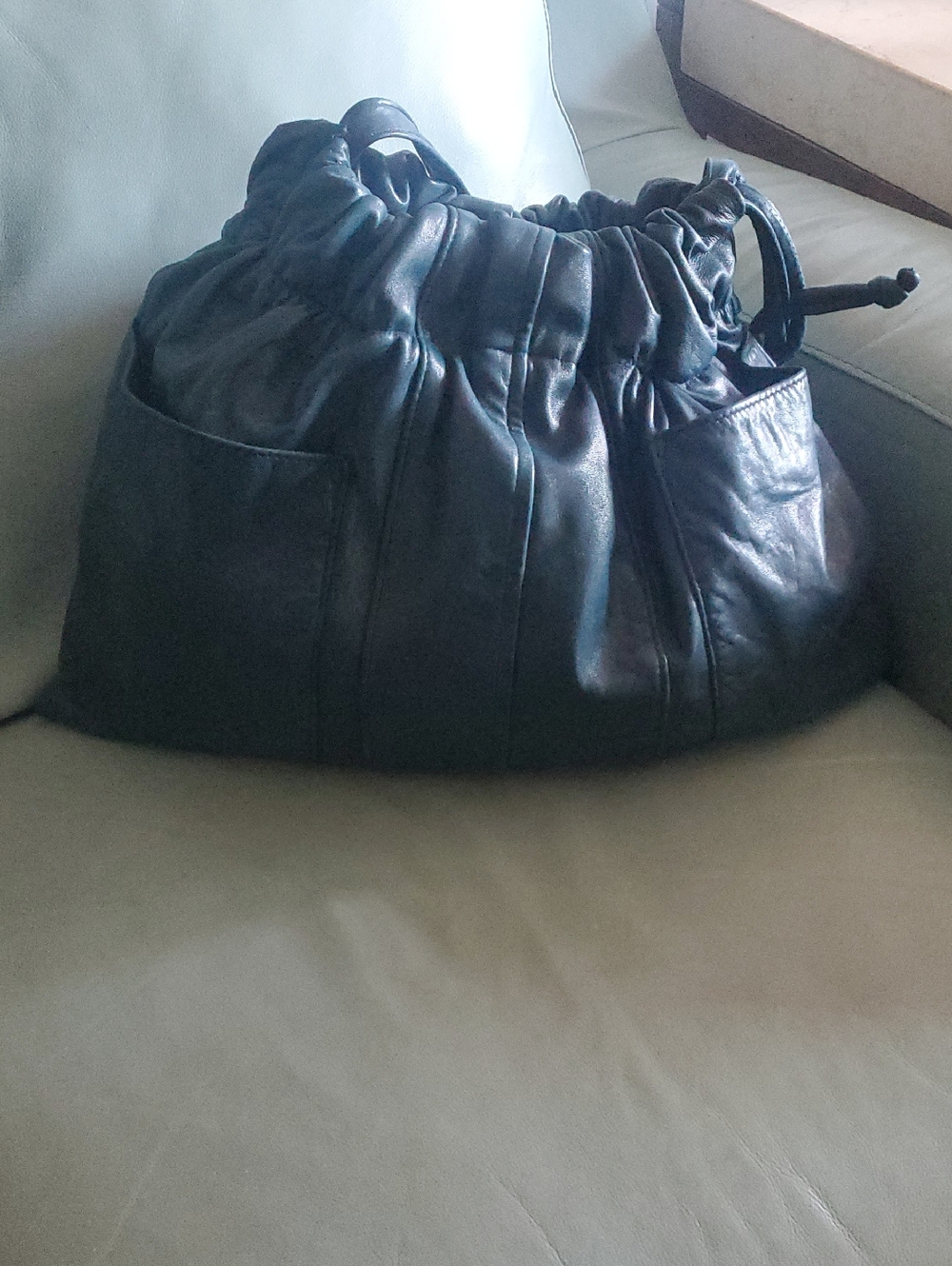 Teal Green  Ruched Drawstring Leather Hobo Bag